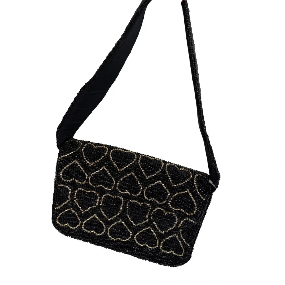 New Handcrafted Black Gold Beaded Heart Shoulder Bag Evening Purse‎ NWT